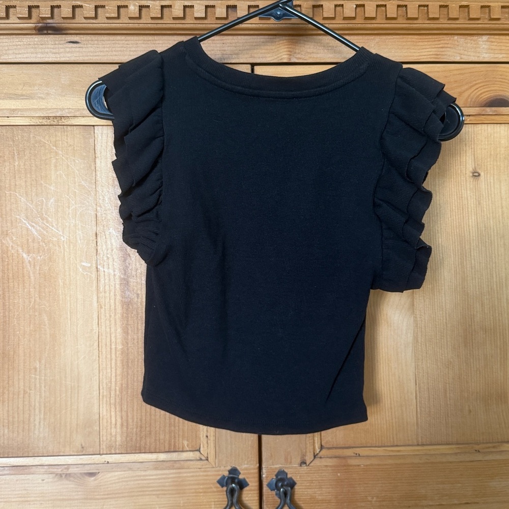 Zara Black Ribbed Ruffle Sleeve Top - Picture 3 of 3